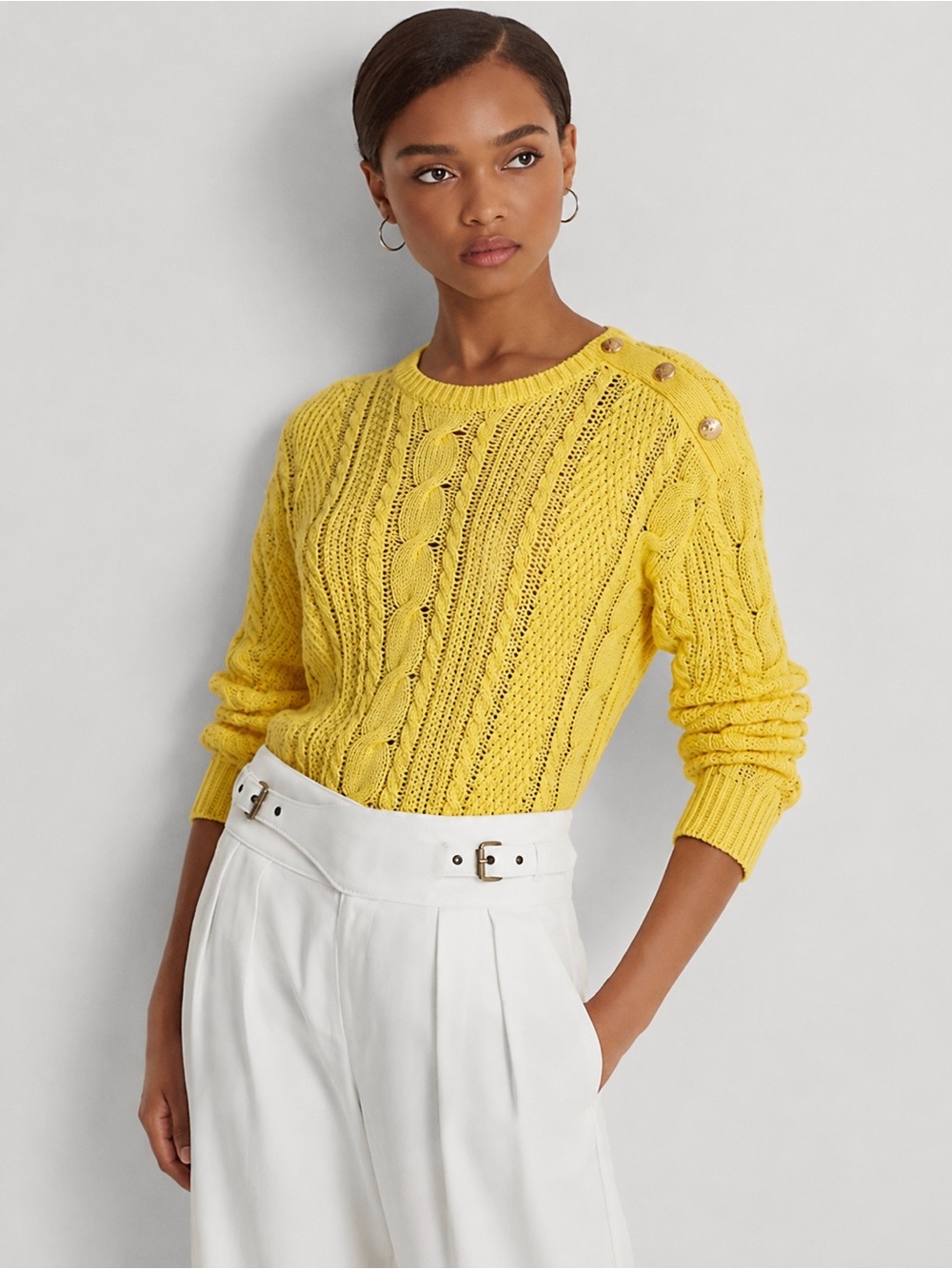 Lauren Ralph Lauren Aran-Knit Cotton Sweater Yellow Cable Knit Women Size S